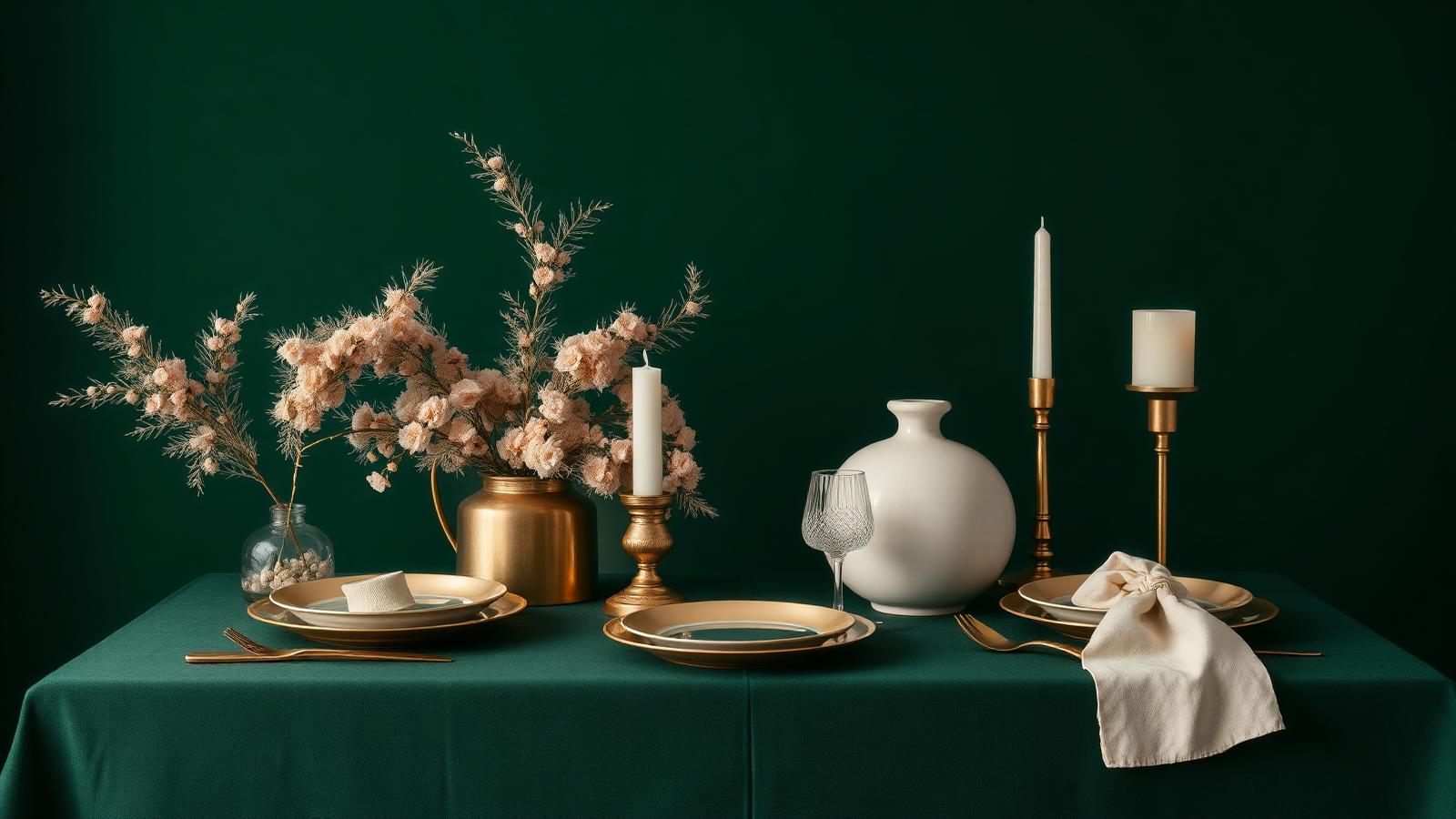 Styled tabletop with brass and stoneware
