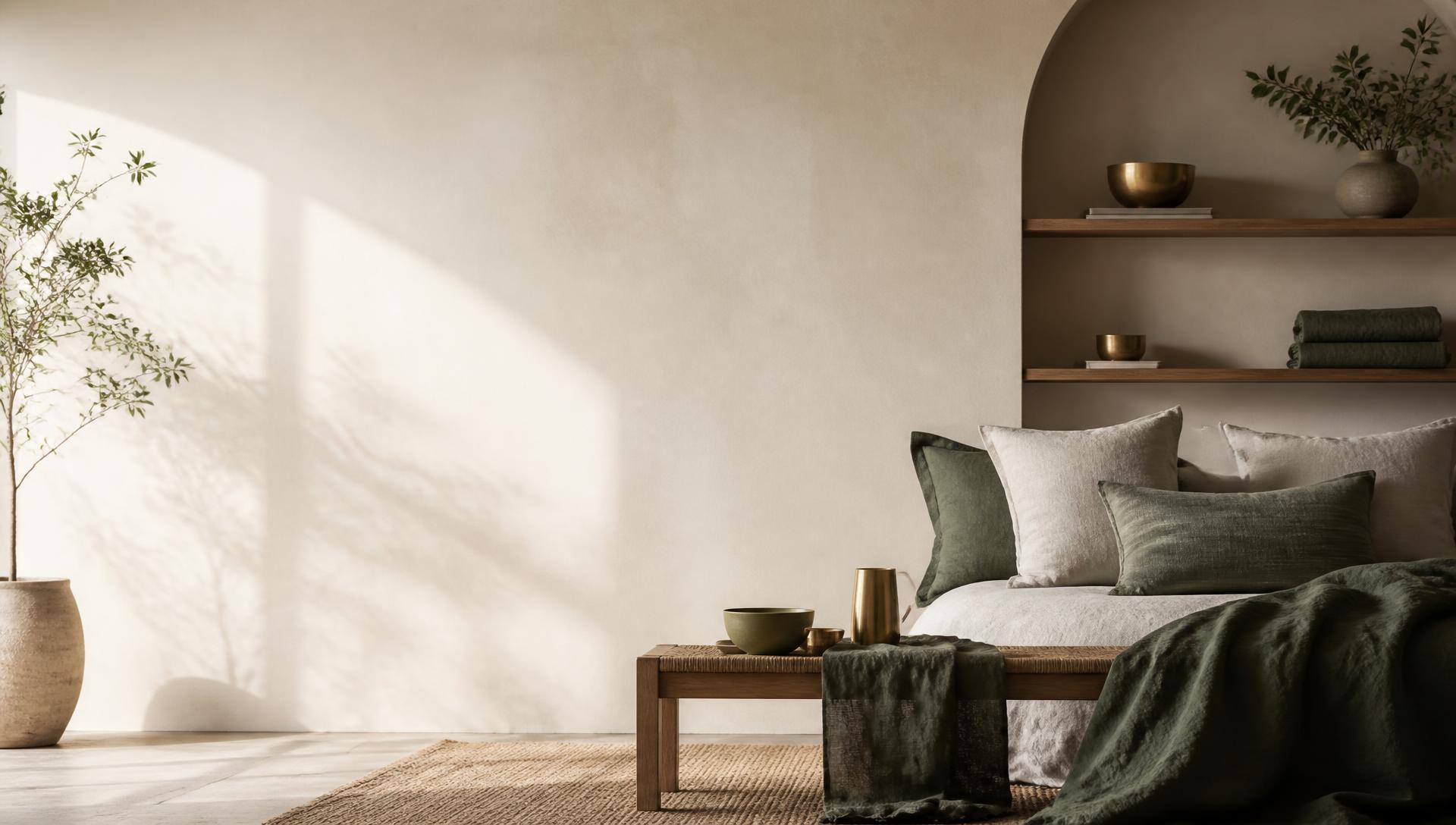 A sunlit room styled with linen, stoneware and brass